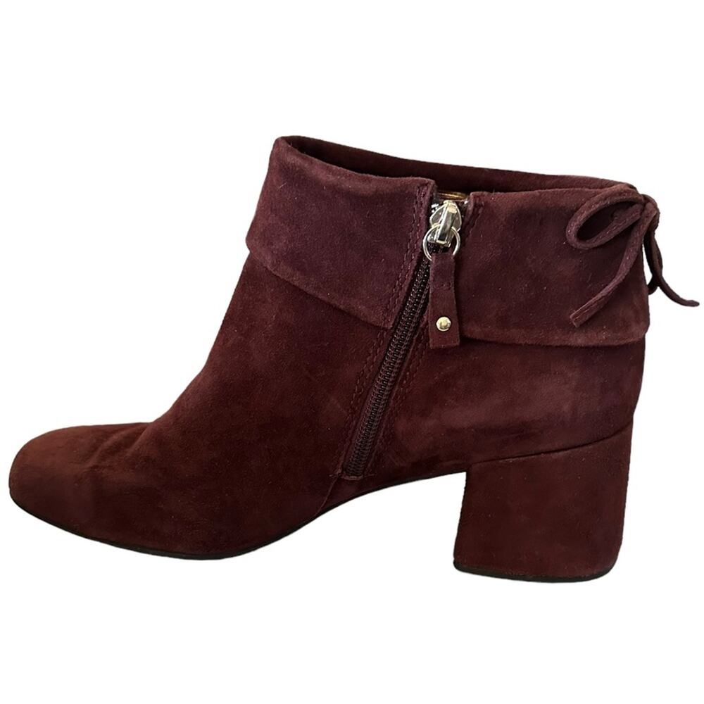 OUO Burgundy suede ankle booties side zip back bow chunky block heels size 10